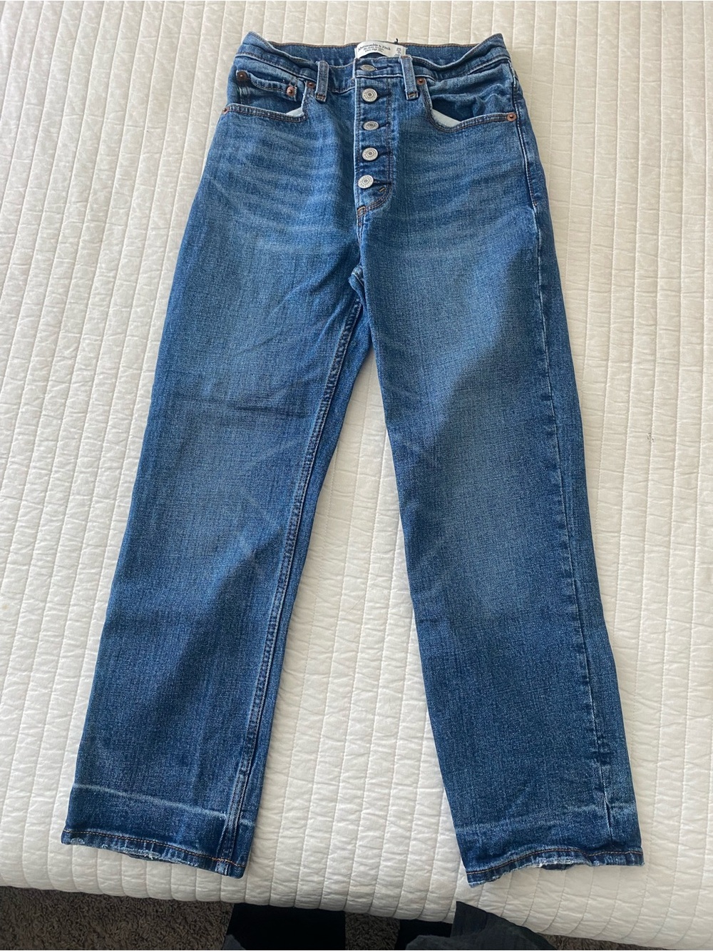 Abercrombie & Fitch Women's Straight-Leg Dark Blue Button-Fly Jeans